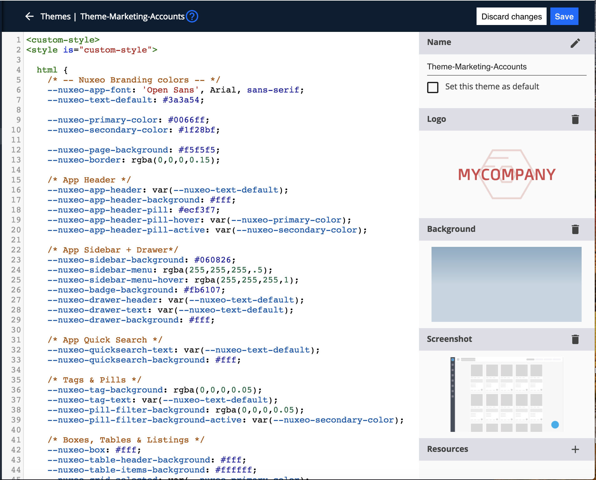 Theme editor with resources